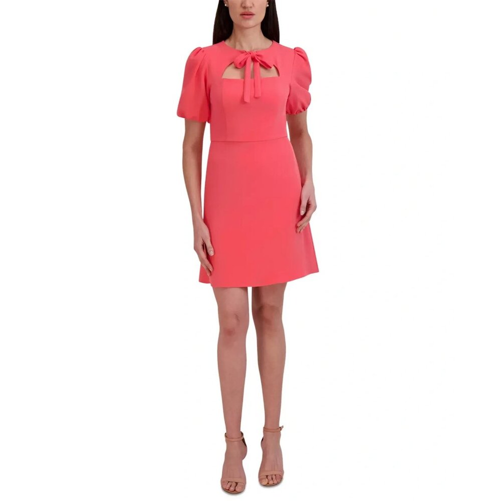 Julia Jordan Dress Womens Size 2 Coral Pink Puff Sleeve Bow Keyhole Flare $119